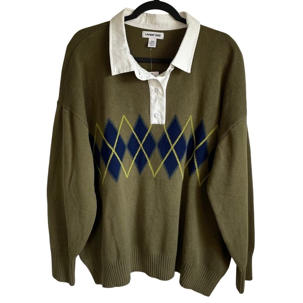 Lands’ End NWT Drifter Rugby Argyle Sweater Sz 2X Relaxed Preppy Academia Olive